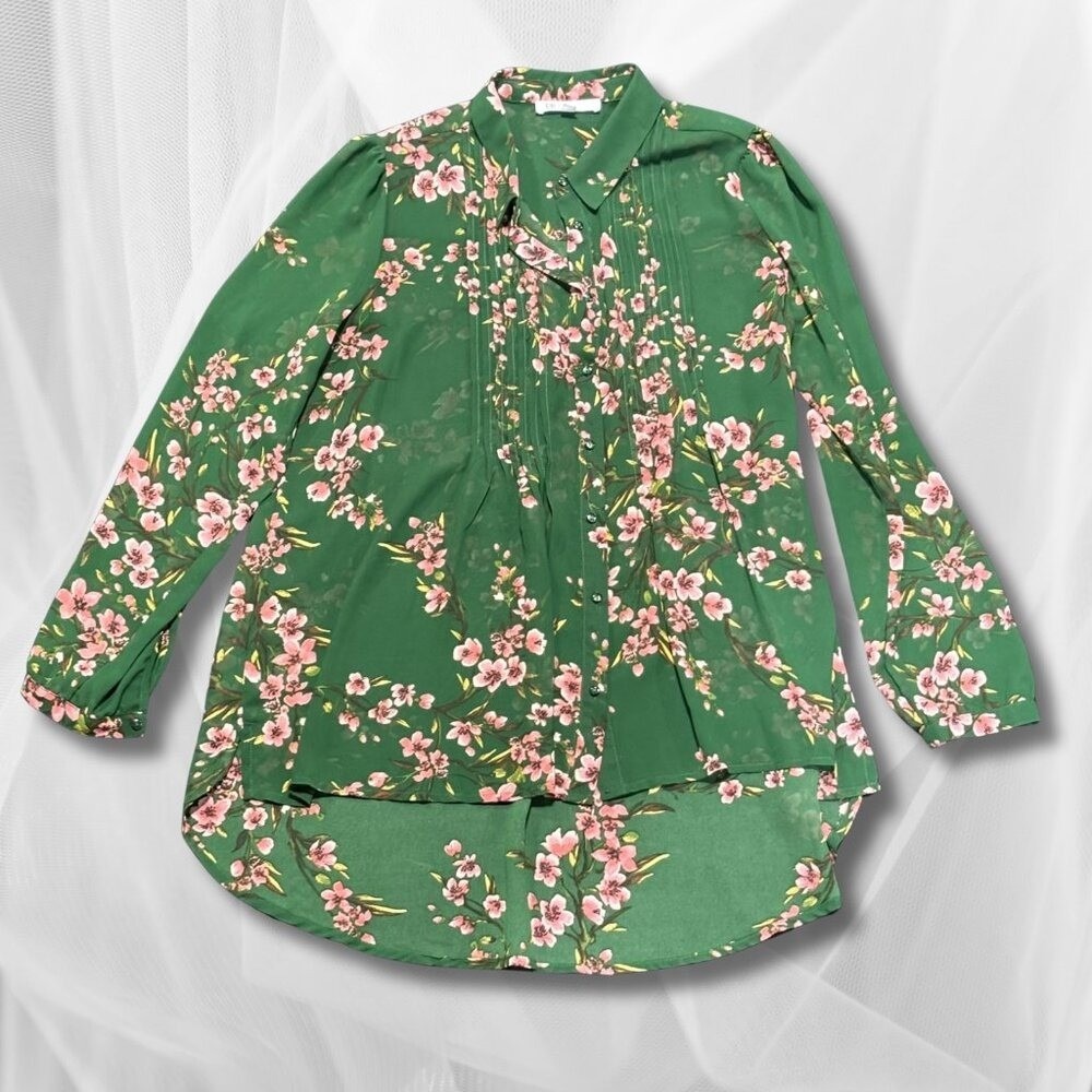 DR2 BY DANIEL RAINN Floral Pintuck Pleated Green Flowy Blouse Women's XS